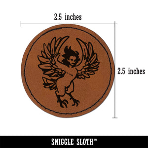 Harpy Greek Mythology Monster Round Iron-On Engraved Faux Leather Patch Applique - 2.5"