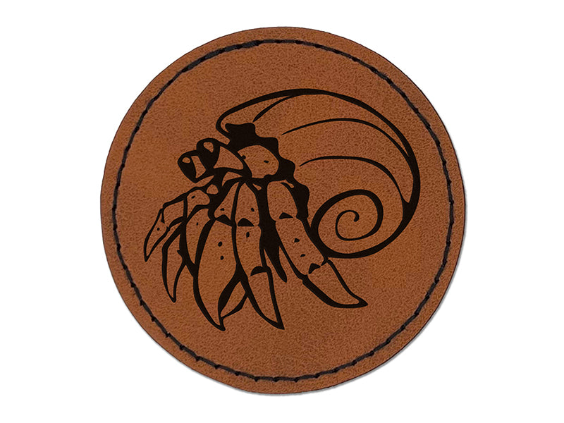 Hermit Crab Spiral Shell Crustacean Round Iron-On Engraved Faux Leather Patch Applique - 2.5"