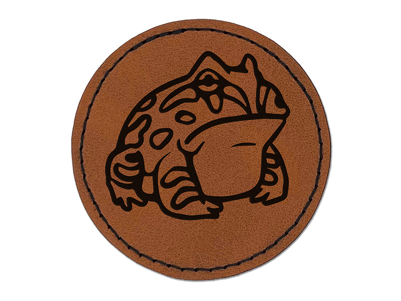 Horned Pacman Frog Amphibian Round Iron-On Engraved Faux Leather Patch Applique - 2.5"