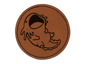 Hungry Axolotl Big Mouth Round Iron-On Engraved Faux Leather Patch Applique - 2.5"