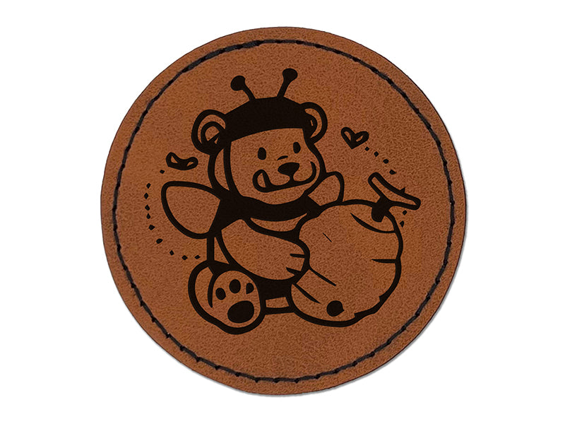 Hungry Honey Bear with Bee Hive Round Iron-On Engraved Faux Leather Patch Applique - 2.5"