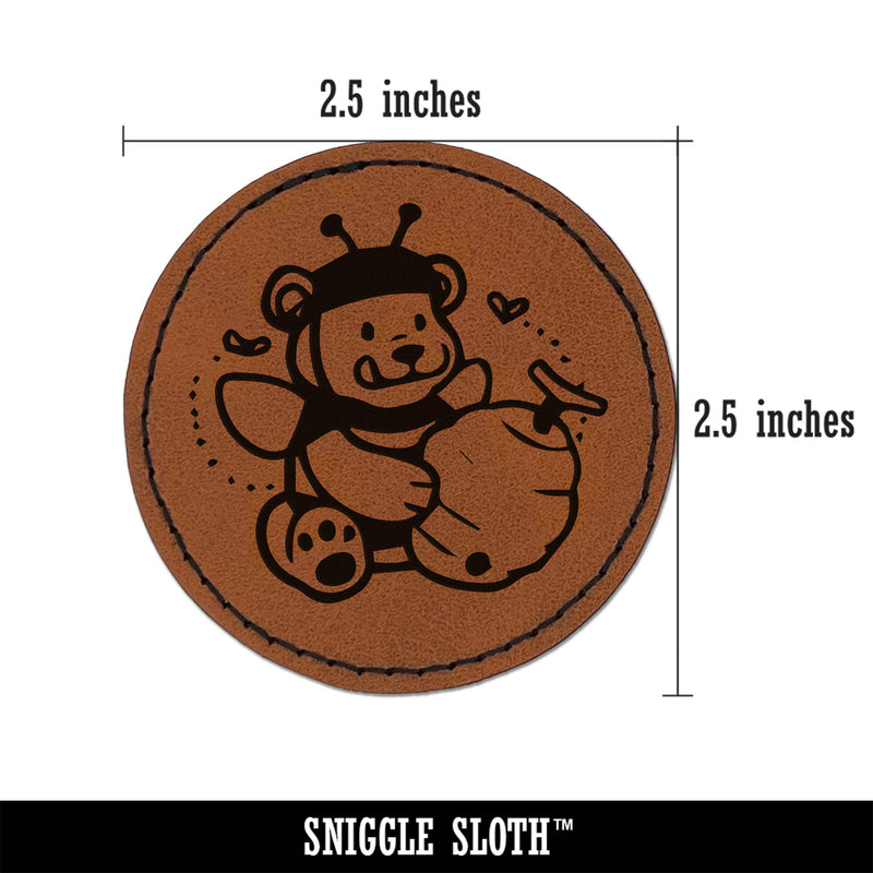 Hungry Honey Bear with Bee Hive Round Iron-On Engraved Faux Leather Patch Applique - 2.5"