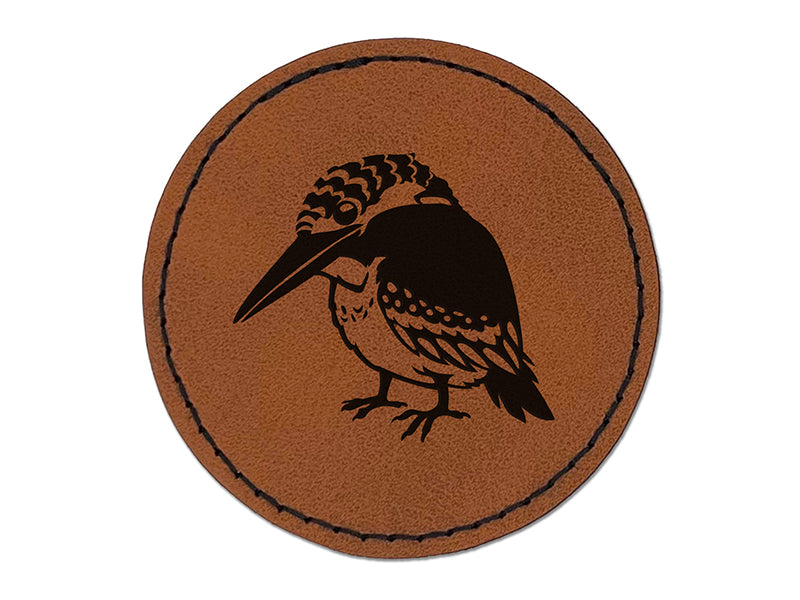Kingfisher Bird Round Iron-On Engraved Faux Leather Patch Applique - 2.5"