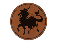 Kirin Qilin Mythical Asian Dragon Horses Round Iron-On Engraved Faux Leather Patch Applique - 2.5"