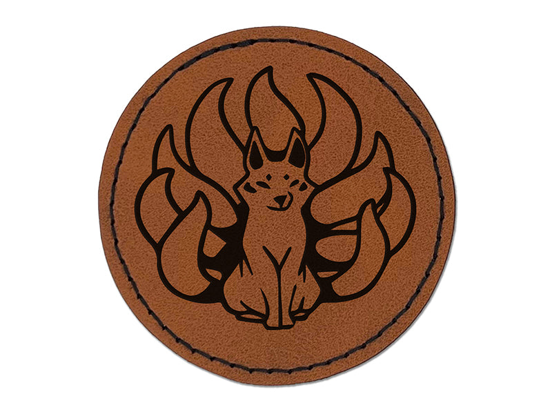 Kitsune Japanese Nine Tailed Fox Round Iron-On Engraved Faux Leather Patch Applique - 2.5"