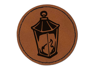 Lantern Lamp with Fire Round Iron-On Engraved Faux Leather Patch Applique - 2.5"