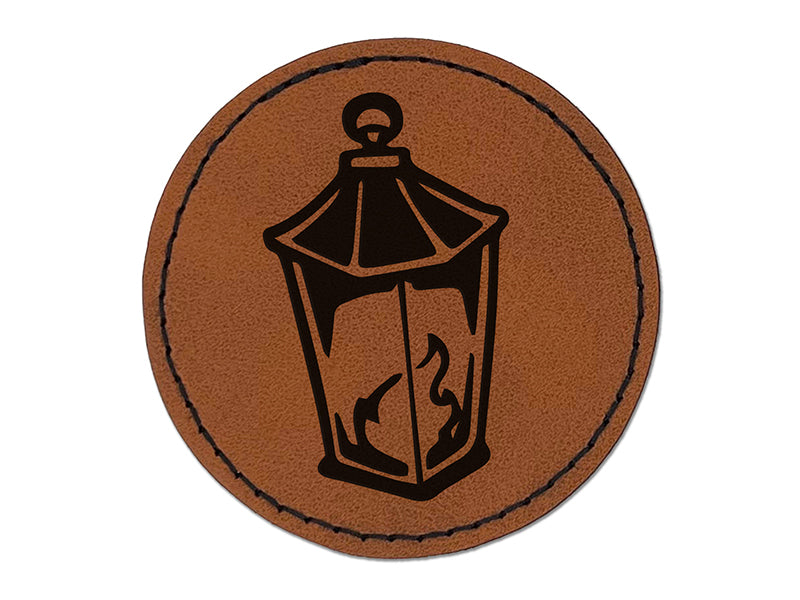 Lantern Lamp with Fire Round Iron-On Engraved Faux Leather Patch Applique - 2.5"