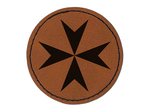 Maltese Eight Pointed Cross Round Iron-On Engraved Faux Leather Patch Applique - 2.5"