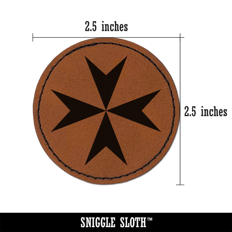 Maltese Eight Pointed Cross Round Iron-On Engraved Faux Leather Patch Applique - 2.5"