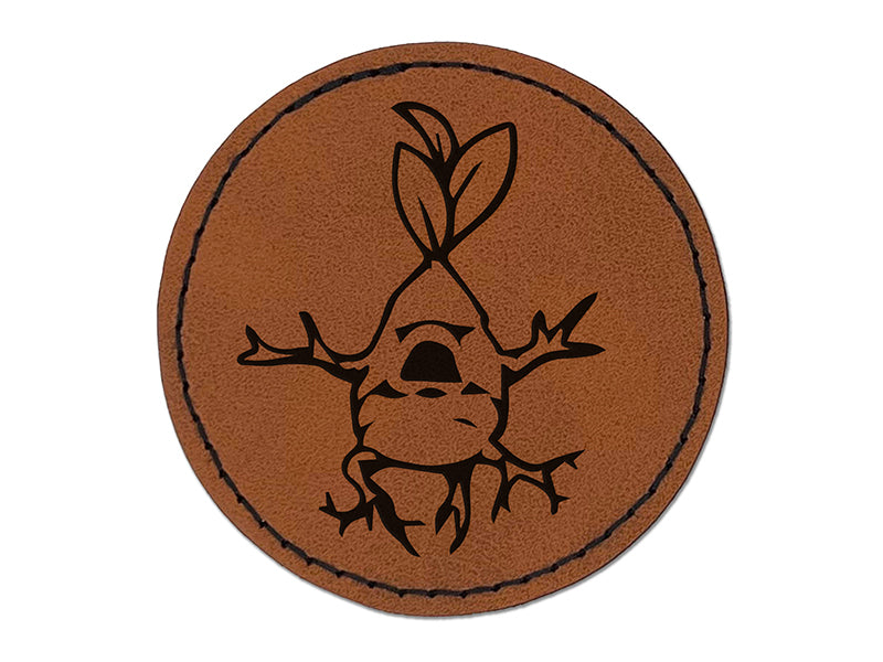 Mandrake Creepy Plant Baby Round Iron-On Engraved Faux Leather Patch Applique - 2.5"