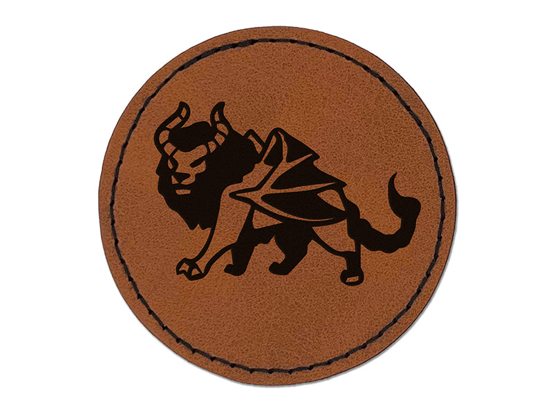 Manticore Greek Mythological Creature Beast Round Iron-On Engraved Faux Leather Patch Applique - 2.5"