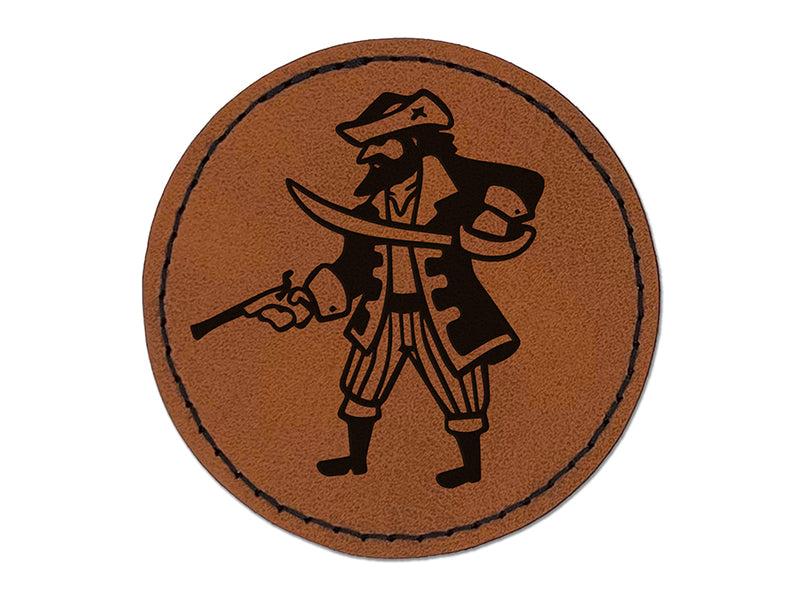 Pirate Cutlass Flintlock Pistol Round Iron-On Engraved Faux Leather Patch Applique - 2.5"