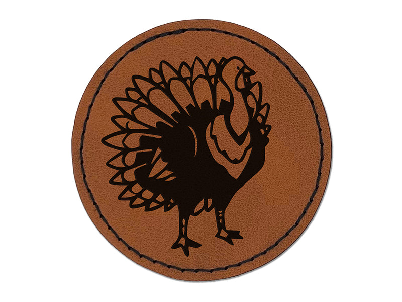 Proud Standing Turkey Round Iron-On Engraved Faux Leather Patch Applique - 2.5"