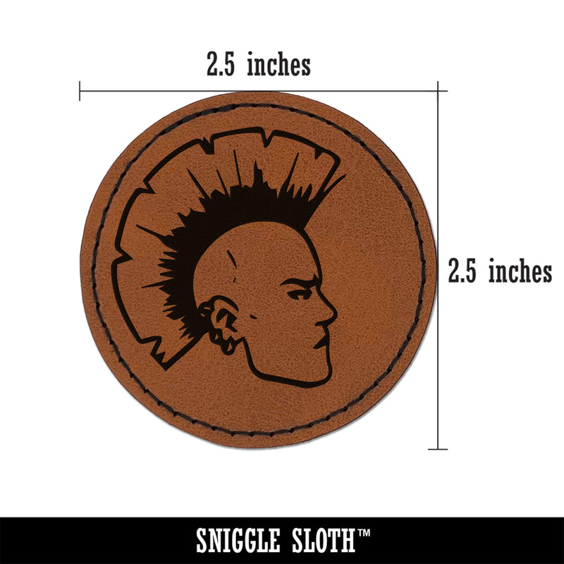 Punk Rocker with Mohawk Round Iron-On Engraved Faux Leather Patch Applique - 2.5"