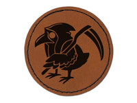 Reaper Raven Hood Scythe Round Iron-On Engraved Faux Leather Patch Applique - 2.5"