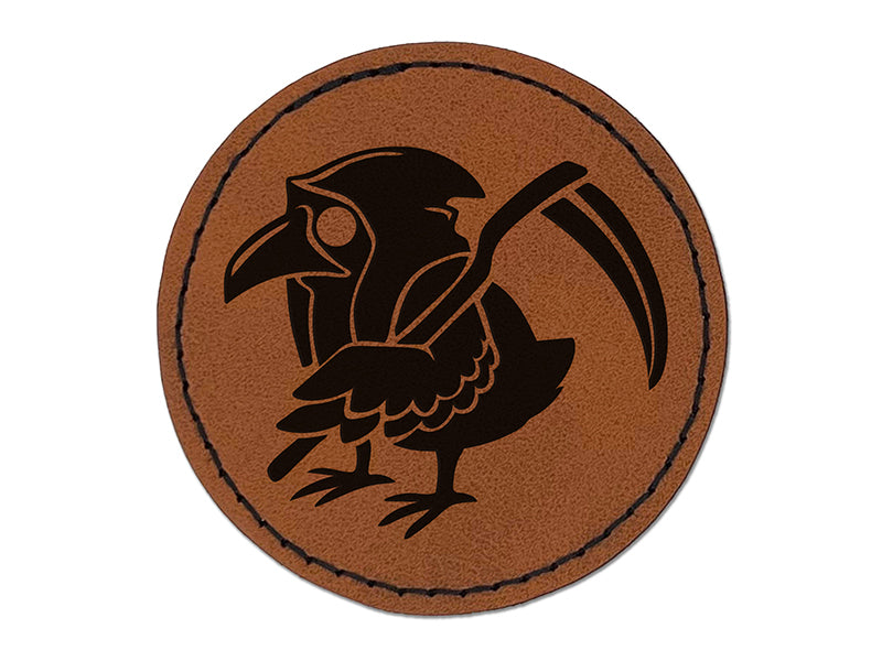 Reaper Raven Hood Scythe Round Iron-On Engraved Faux Leather Patch Applique - 2.5"