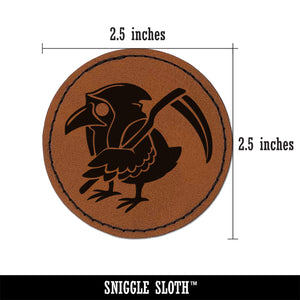 Reaper Raven Hood Scythe Round Iron-On Engraved Faux Leather Patch Applique - 2.5"