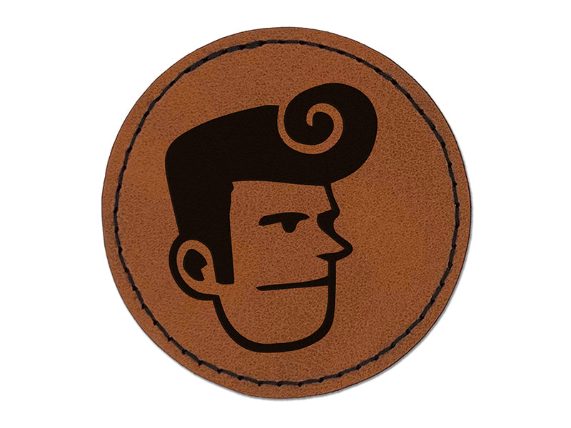 Rockabilly Man with Pompadour Round Iron-On Engraved Faux Leather Patch Applique - 2.5"