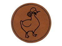 Romantic Goose with Flower Round Iron-On Engraved Faux Leather Patch Applique - 2.5"