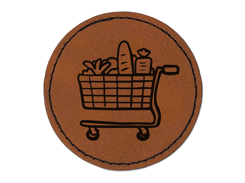 Shopping Cart Full Groceries Food Round Iron-On Engraved Faux Leather Patch Applique - 2.5"