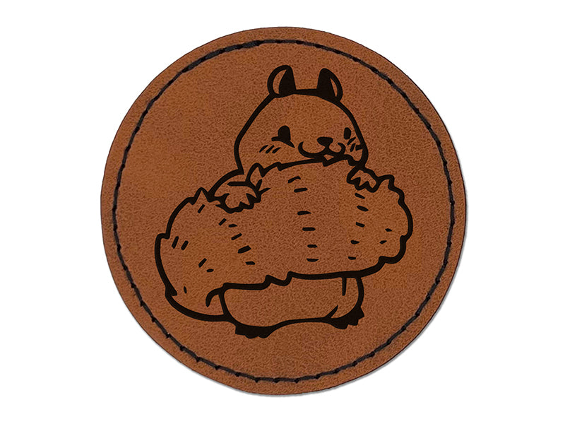 Shy Squirrel Hiding Behind Tail Round Iron-On Engraved Faux Leather Patch Applique - 2.5"