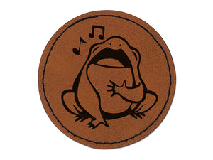 Singing Frog Toad Music Round Iron-On Engraved Faux Leather Patch Applique - 2.5"