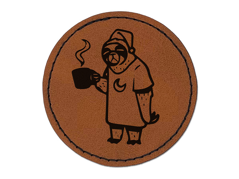 Sleepy Sloth with Coffee Round Iron-On Engraved Faux Leather Patch Applique - 2.5"