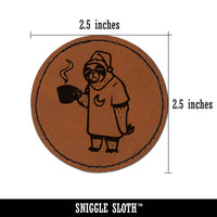 Sleepy Sloth with Coffee Round Iron-On Engraved Faux Leather Patch Applique - 2.5"