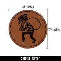 Sneaky Thief Robber with Sack Round Iron-On Engraved Faux Leather Patch Applique - 2.5"