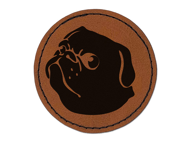 Solid Pug Looking Back Round Iron-On Engraved Faux Leather Patch Applique - 2.5"