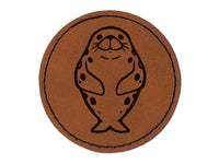 Spotted Seal Floating Upright Round Iron-On Engraved Faux Leather Patch Applique - 2.5"