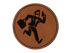 Spy Secret Agent with Briefcase Round Iron-On Engraved Faux Leather Patch Applique - 2.5"