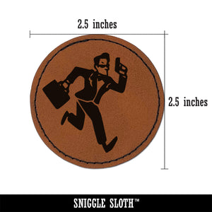 Spy Secret Agent with Briefcase Round Iron-On Engraved Faux Leather Patch Applique - 2.5"