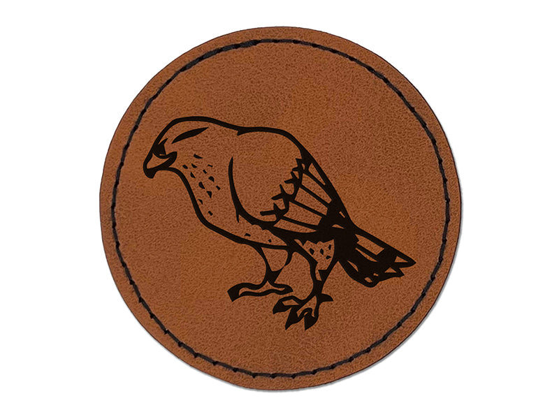 Standing Hawk Falcon Bird of Prey Round Iron-On Engraved Faux Leather Patch Applique - 2.5"