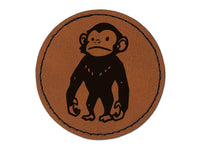 Standing Stoic Chimpanzee Ape Monkey Round Iron-On Engraved Faux Leather Patch Applique - 2.5"
