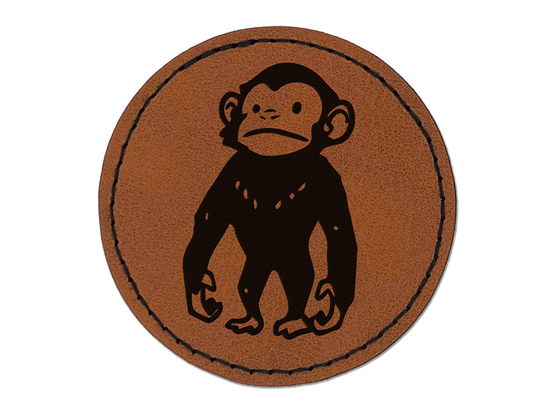 Standing Stoic Chimpanzee Ape Monkey Round Iron-On Engraved Faux Leather Patch Applique - 2.5"