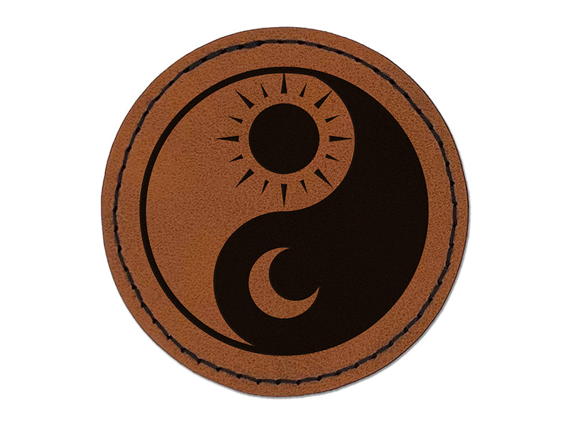 Sun Moon Yin Yang Night Day Round Iron-On Engraved Faux Leather Patch Applique - 2.5"