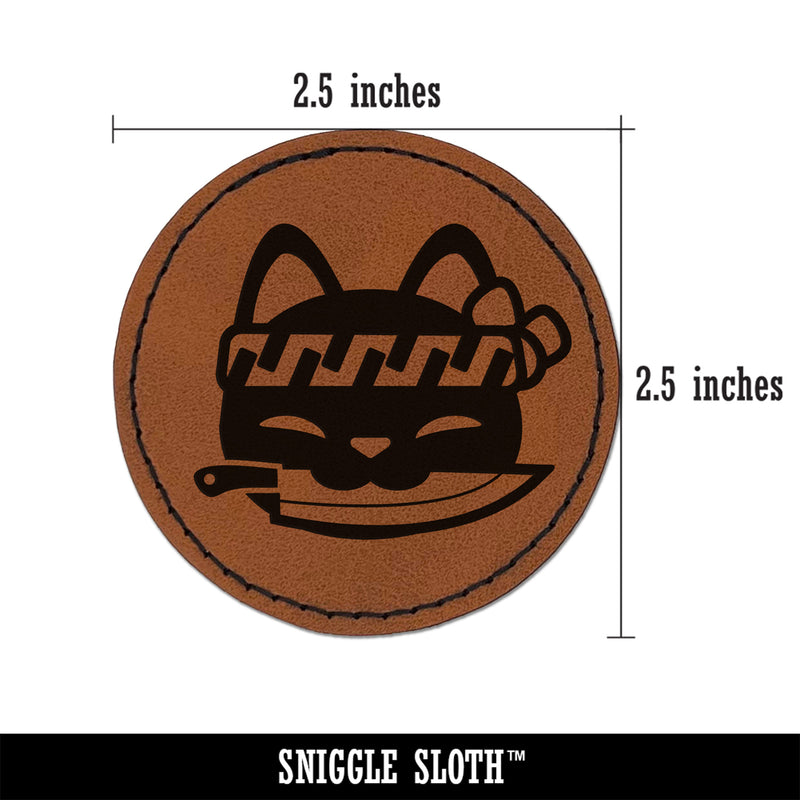 Sushi Cat Chef Knife Round Iron-On Engraved Faux Leather Patch Applique - 2.5"