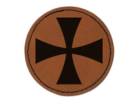 Templar Cross Round Iron-On Engraved Faux Leather Patch Applique - 2.5"