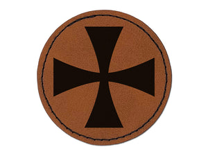 Templar Cross Round Iron-On Engraved Faux Leather Patch Applique - 2.5"