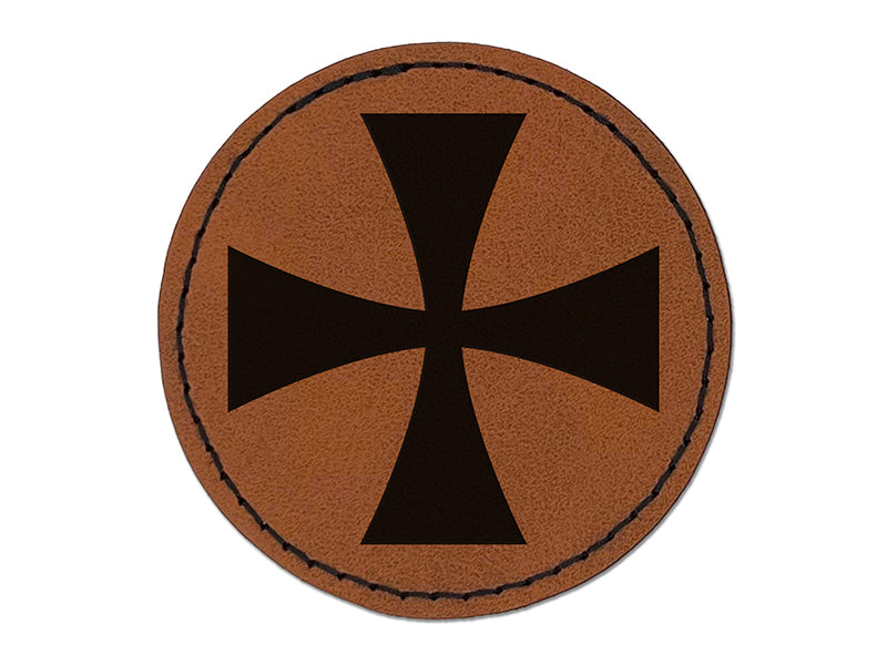 Templar Cross Round Iron-On Engraved Faux Leather Patch Applique - 2.5"