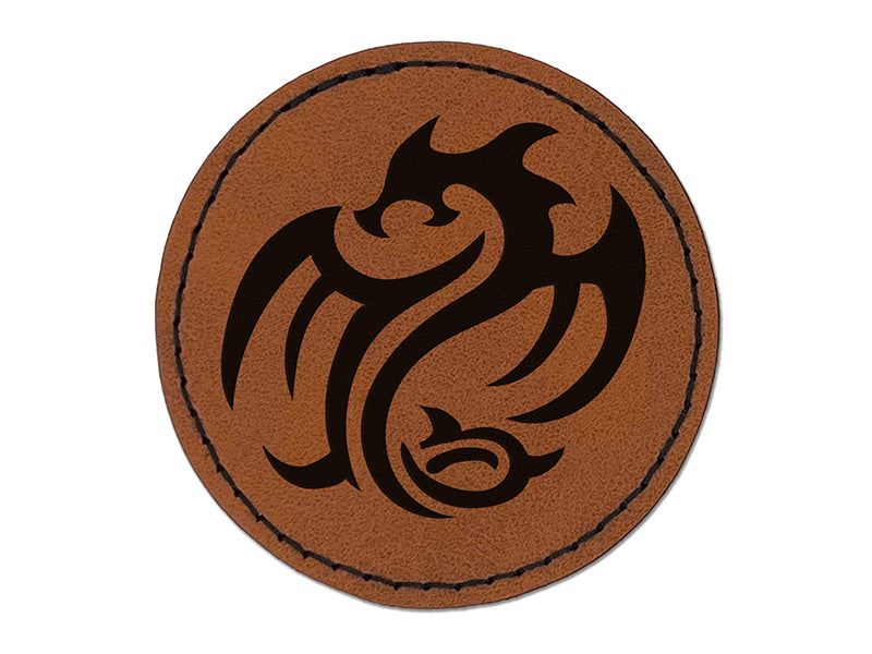 Tribal Dragon Swirl Round Iron-On Engraved Faux Leather Patch Applique - 2.5"