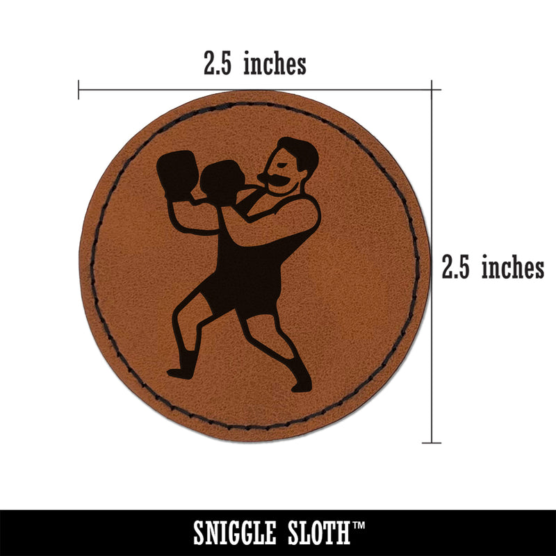 Vintage Boxer Pugilist Fighter Round Iron-On Engraved Faux Leather Patch Applique - 2.5"