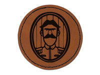 Vintage General Portrait Soldier Round Iron-On Engraved Faux Leather Patch Applique - 2.5"
