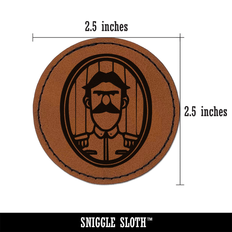 Vintage General Portrait Soldier Round Iron-On Engraved Faux Leather Patch Applique - 2.5"