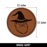 Wise Wizard Old Man Beard Hat Round Iron-On Engraved Faux Leather Patch Applique - 2.5"