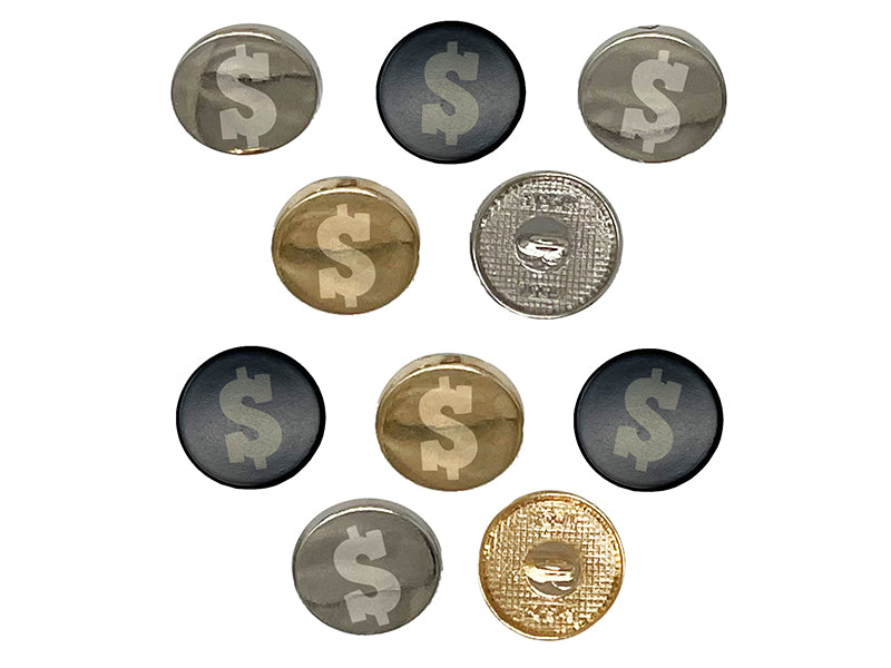Dollar Sign Money Symbol 0.6" (15mm) Round Metal Shank Buttons for Sewing - Set of 10
