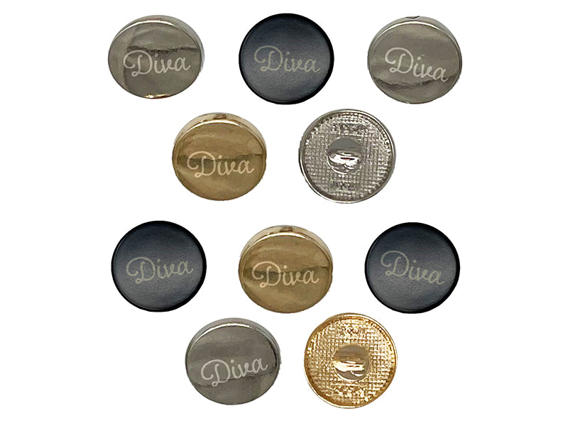 Diva Fun Text 0.6" (15mm) Round Metal Shank Buttons for Sewing - Set of 10