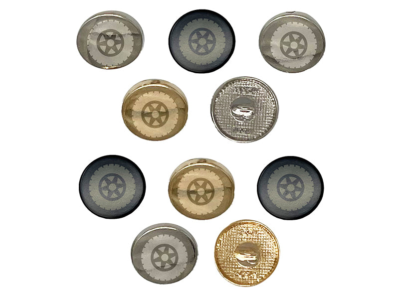 Wheel Tire Icon 0.6" (15mm) Round Metal Shank Buttons for Sewing - Set of 10
