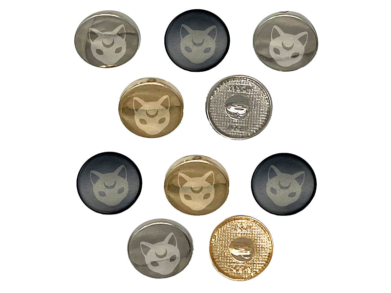 Witch Cat Head with Moon on Forehead 0.6" (15mm) Round Metal Shank Buttons for Sewing - Set of 10